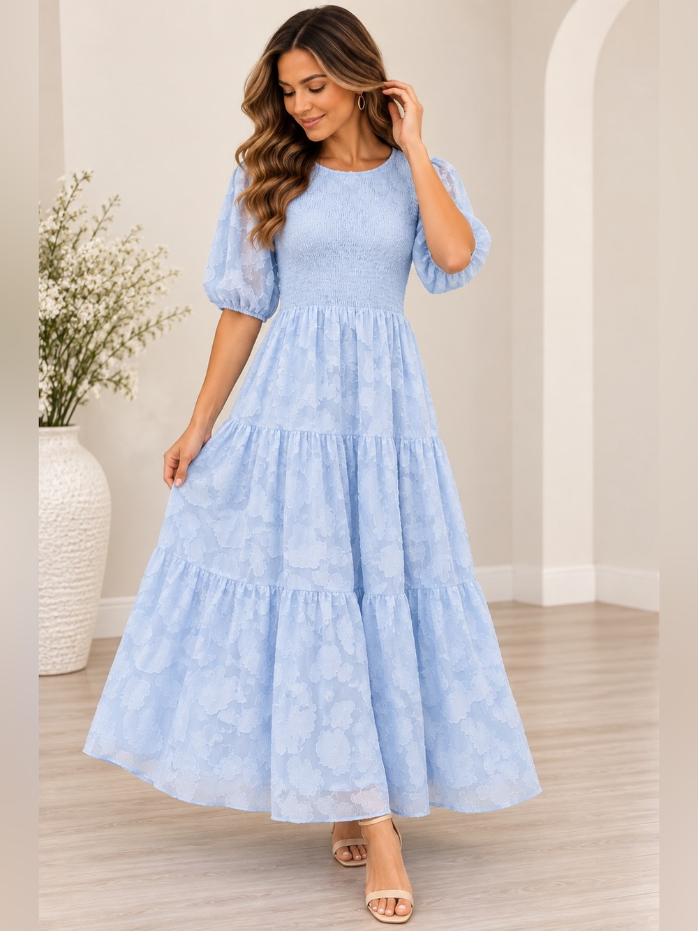 Light Blue Smocked Maxi Dress Floral Textured Puff Sleeve Tiered Cottagecore